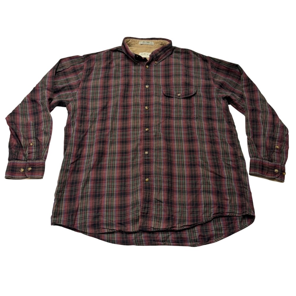 Orvis Mens Plaid Button Down Shirt Long Sleeve Cotton Red Green Maroon Large
